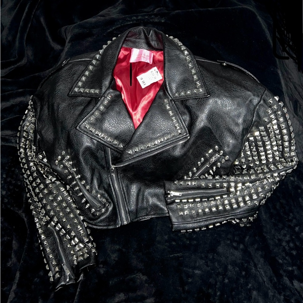 Azalea Wang Cropped Studded Moto Jacket